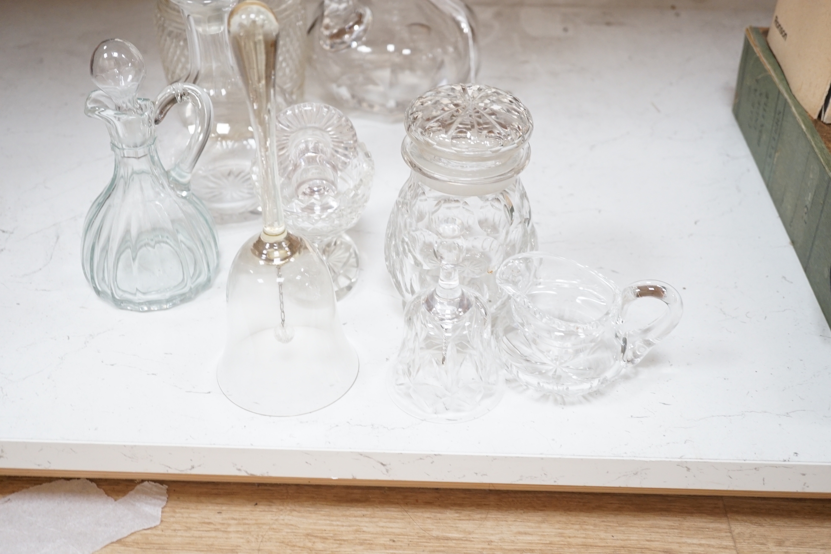 Seven cut glass decanters and stoppers and other cut glass, tallest decanter 26cm high including stopper